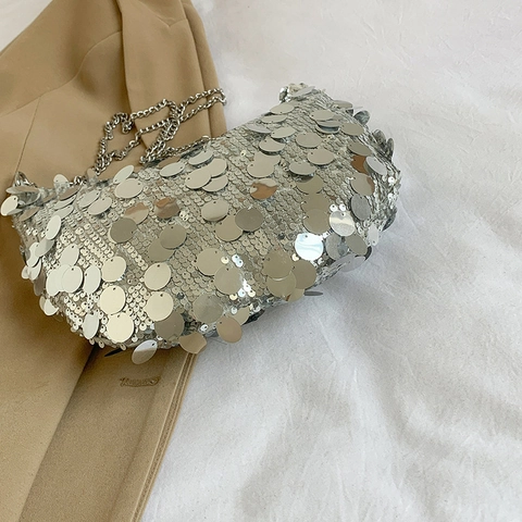 Sequin Underarm Shoulder Bag Sparkly Metal Chain Half Moon Dumpling Shape Trendy Party Handbag For Women