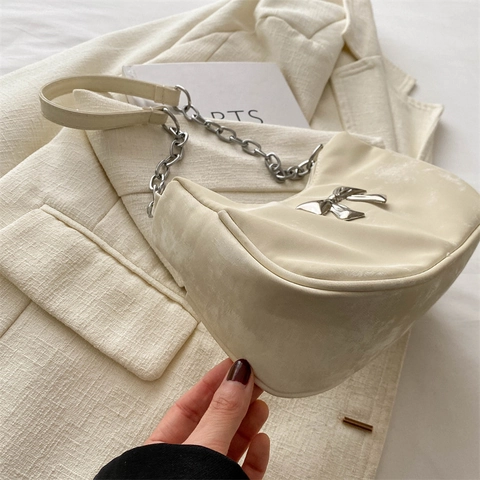 Borsa Sottobraccio Hobo Donna Pelle PU Fiocco Argentato Catena Y2K Dolce Fresco Versatile Piccola Borsa A Tracolla