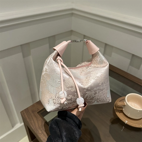 Sac À Épaule Femme Style Chinois Moderne Jacquard Motif Paysage Sac À Main Demi-Lune Vintage Oriental