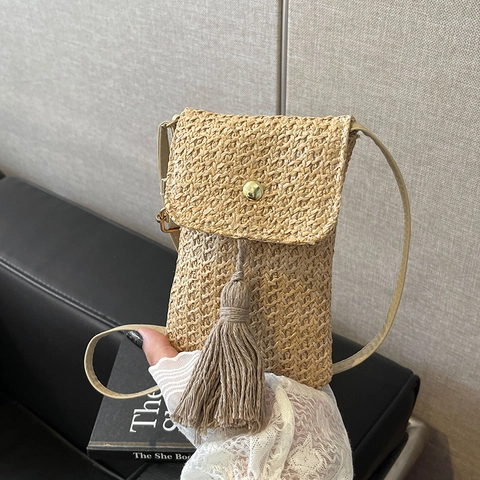 Stroh Gewebte Handy Umhängetasche Quaste Wald Stil Kleine Schultertasche Für Frauen Sommer Freizeit Verstellbarer Riemen