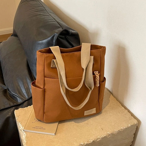 Grand Sac Cabas En Toile Multi Poches Fermeture Éclair Style Preppy Pour Étudiants Navette Sac À Main Bandoulière