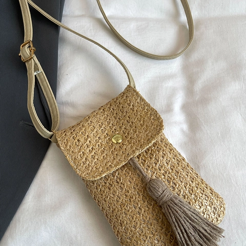 Stroh Gewebte Handy Umhängetasche Quaste Wald Stil Kleine Schultertasche Für Frauen Sommer Freizeit Verstellbarer Riemen