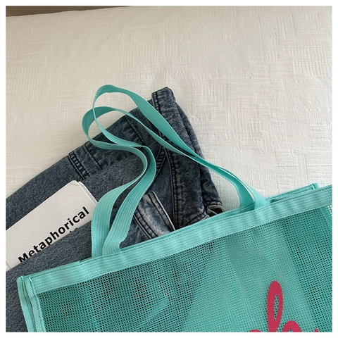 Grande Borsa Tote In Rete Nylon Traspirante Stampa Lettere Borsa A Mano Per Spiaggia Shopping Palestra Viaggi Donne