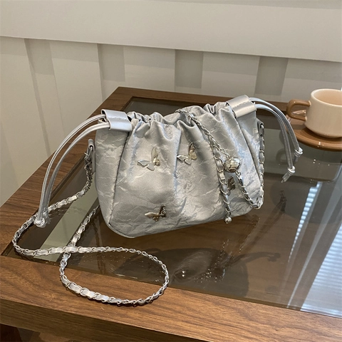 Sac Seau Froncé Pour Femmes Décor Papillon Métal Bandoulière Chaîne Cordon Sac Bandoulière Tendance
