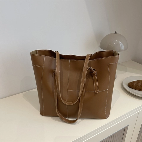 Grote Tote Bag Voor Dames PU Leer Witte Contraststiksels Schoudertas Handtas Vintage Mode