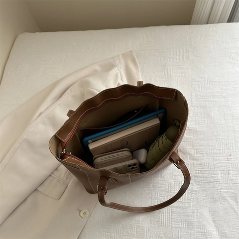 Women PU Leather Large Capacity Tote Bag Contrast Stitching Minimalist Shoulder Bag Underarm Work Commute Handbag