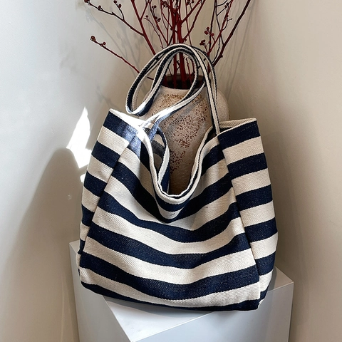 Borsa Tote da Donna a Righe in Tela di Grande Capacità Borsa a Tracolla Urbana Minimalista Shopping Bag Casual