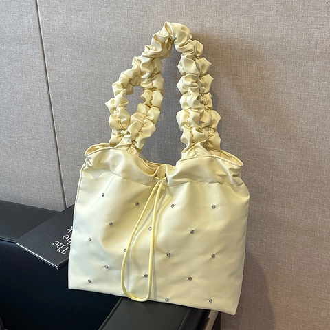 Damen Leinwand Tote Bag Mit Plissiertem Griff Und Strass Dekor Kordelzug Große Kapazität Trendige Sommer Schultertasche