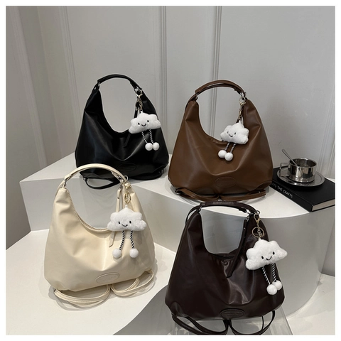 Women Large Hobo Shoulder Bag Soft PU Leather Solid Color Casual Tote With Plush Cloud Charm