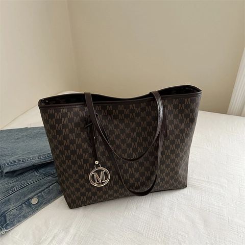 Grote Capaciteit Tote Bag PU Leer Monogram M Print Schoudertas Voor Vrouwen Woon-Werkverkeer Retro Mode