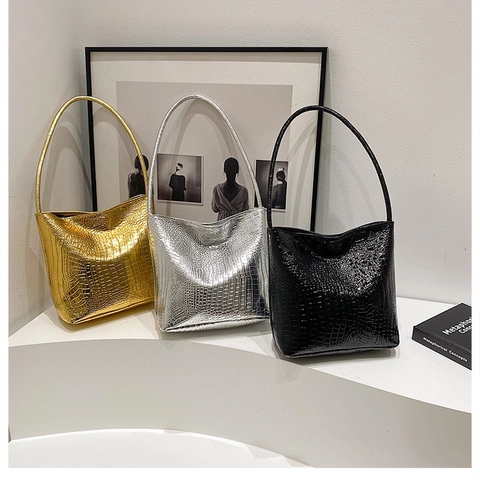 Sac Seau pour Femme avec Motif Crocodile Grande Capacité Cuir PU Sac à Bandoulière Minimaliste Navettage Sac à Main Mode Métallique