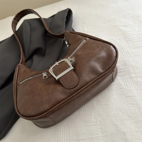 Vintage PU Leather Shoulder Bag Large Capacity Half Moon Dumpling Shape With Silver Buckle For Women