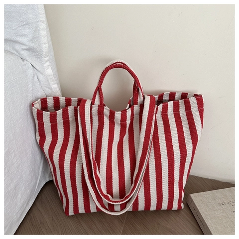 Borsa Tote In Tela A Righe Verticali Da Donna Grande Capacità Vintage Estetica Borsa A Tralla Per Shopping Casual