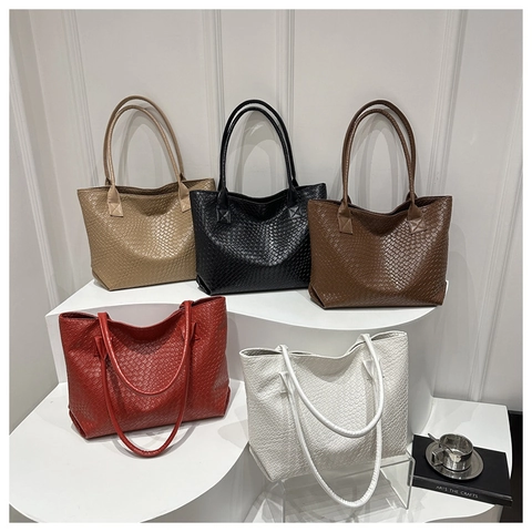 Bolso Tote de Mujer Gran Capacidad Textura Tejida Relieve Vintage Cuero PU Bolso de Hombro Color Sólido Casual Oficina Trabajo