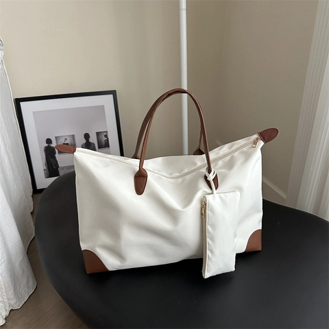 Women Large Capacity Tote Bag Nylon Waterproof Shoulder Handbag With Mini Pouch For Travel Commuting Simple Solid Color