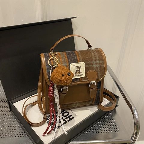 Retro British Style Plaid Woolen PU Leather Mini Backpack Crossbody Shoulder Bag For Women Girls With Cute Bear Pendant