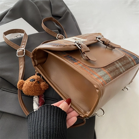 Retro British Style Plaid Woolen PU Leather Mini Backpack Crossbody Shoulder Bag For Women Girls With Cute Bear Pendant