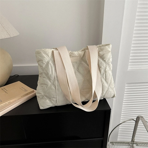 Women Tote Bag Rhombic Quilted Oxford Cloth Large Capacity Shoulder Handbag Trendy Street Style Solid Color