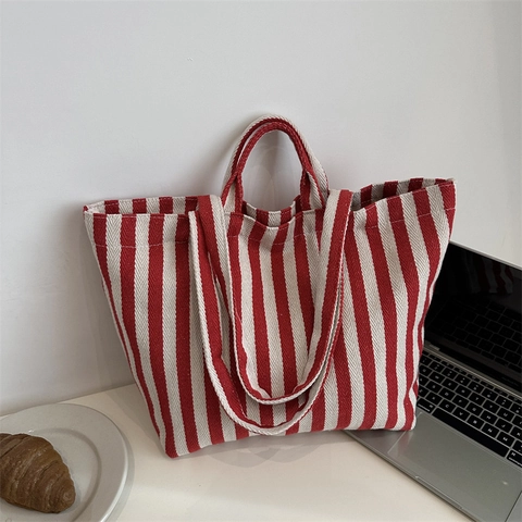 Borsa Tote In Tela Da Donna Grande Capacità Righe Verticali Borsa A Spalla Shopping Pendolare Versatile Casual Da Mano