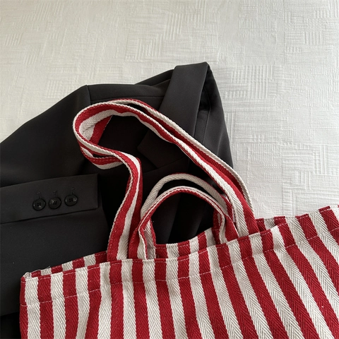 Borsa Tote In Tela Da Donna Grande Capacità Righe Verticali Borsa A Spalla Shopping Pendolare Versatile Casual Da Mano