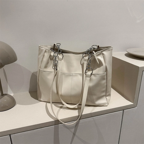Grand Sac Cabas Femme Cuir PU Souple Bandoulière Chaîne Sac À Épaule Bureau Travail Minimaliste Sac À Main Décontracté