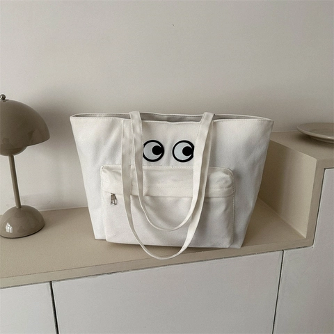Grote Capaciteit Canvas Draagtas Met Ogen Print Ritsvak Casual Schoudertas Handtas Voor Dames Studenten