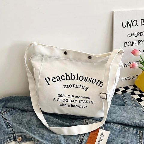 Sac Bandoulière En Toile Impression De Lettres Grande Capacité Sangle Réglable Sac À Épaule Décontracté Pour Femme