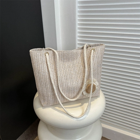 Sac Cabas En Paille Femmes Sac À Main Épaule Tissé Avec Fleur De Marguerite Poignée En Corde Épaisse Vacances À La Plage Style Coréen