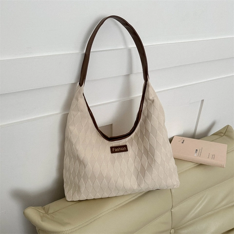 Bolso De Hombro De Nailon Acolchado Grande Para Mujer Patrón De Celosía Bolso Tote Con Ribete De Cuero Retro Moda Para Uso Diario