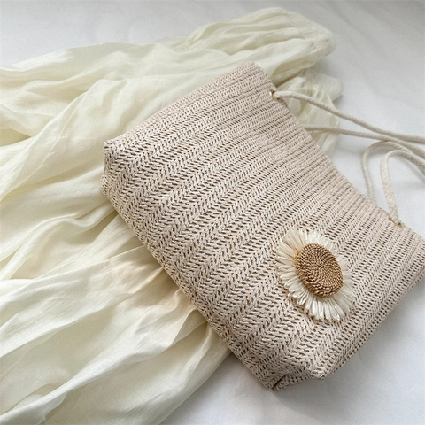 Sac Cabas En Paille Femmes Sac À Main Épaule Tissé Avec Fleur De Marguerite Poignée En Corde Épaisse Vacances À La Plage Style Coréen