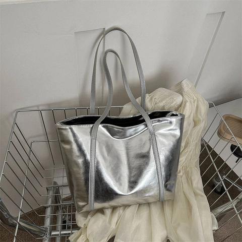 Grand Sac Cabas Mode Effet Métallique Cuir PU Femmes Quotidien Navette Sac À Main Épaule Brillant Moderne