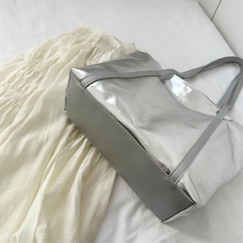 Grand Sac Cabas Mode Effet Métallique Cuir PU Femmes Quotidien Navette Sac À Main Épaule Brillant Moderne