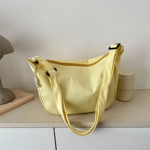 Women Crescent Shoulder Bag Nylon Solid Color Large Capacity Dumpling Crossbody Bag With Adjustable Strap Cartoon Pendant Casual