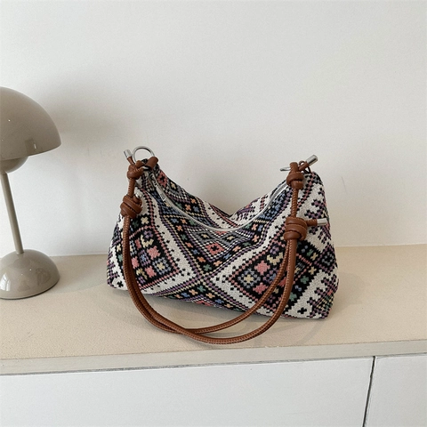 Ethnische Gewebte Umhängetasche Damen Retro Geometrisches Muster Bohemian Hobo Crossbody Tasche Lederknotenriemen
