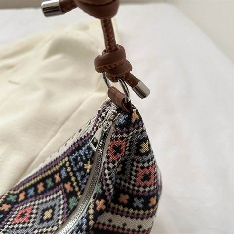 Ethnische Gewebte Umhängetasche Damen Retro Geometrisches Muster Bohemian Hobo Crossbody Tasche Lederknotenriemen