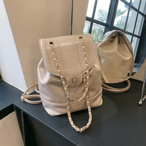 Mini Mochila Mujer Cuero PU Textura De Cera De Aceite Cadena Dorada Cierre Giratorio Moda Coreana Elegante