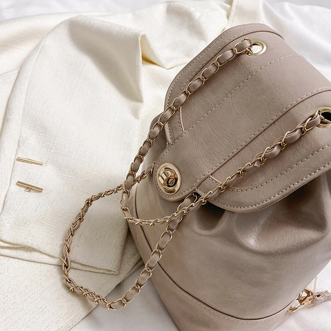 Mini Mochila Mujer Cuero PU Textura De Cera De Aceite Cadena Dorada Cierre Giratorio Moda Coreana Elegante