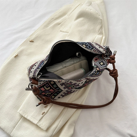 Damen Ethno Gewebte Schultertasche Retro Boho Geometrisches Muster Hobo Unterachseltasche Brauner Geknoteter Riemen Vintage