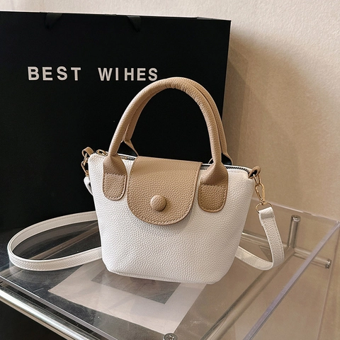 Women Lychee Pattern PU Leather Bucket Bag Minimalist Contrast Color Handbag With Detachable Shoulder Strap Gold Hardware