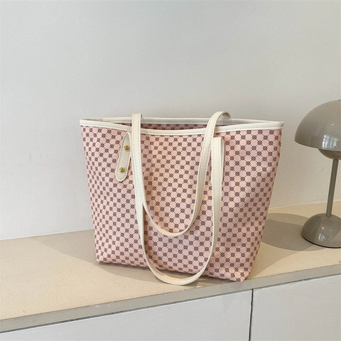 Women Large Capacity Tote Bag PU Leather Geometric Monogram Print Shoulder Handbag Gold Rivets Retro Stylish Casual