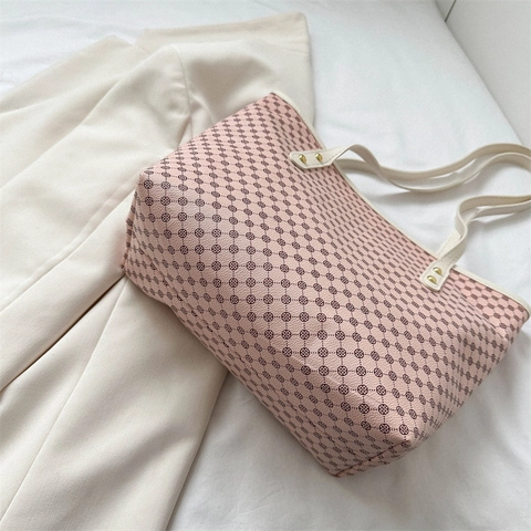 Women Large Capacity Tote Bag PU Leather Geometric Monogram Print Shoulder Handbag Gold Rivets Retro Stylish Casual