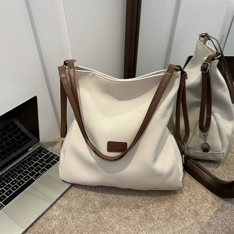 Bolso Tote De Lona Gran Capacidad Minimalista Correas PU Color Contraste Bolso De Mano Para Escuela Y Diario Mujeres