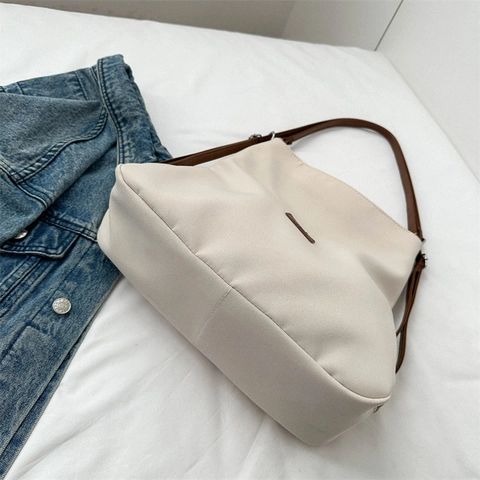 Bolso Tote De Lona Gran Capacidad Minimalista Correas PU Color Contraste Bolso De Mano Para Escuela Y Diario Mujeres