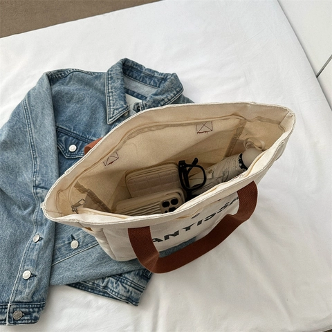 Bolso Tote De Lona Para Mujer Gran Capacidad Estampado De Letras Bolso De Hombro Casual Estilo Simple