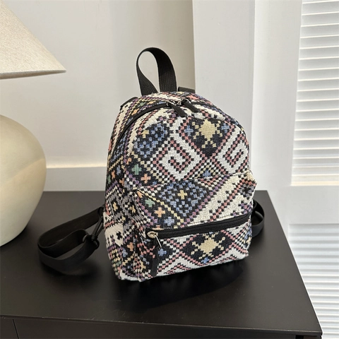 Mini Sac À Dos À Motif Géométrique Ethnique Tissu Jacquard Sac De Voyage Décontracté Style Rétro Bohème Pour Femmes