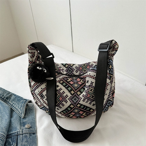 Böhmische Ethnische Gewebte Umhängetasche Damen Halbmond Hobo Umhängetasche Geometrisches Muster Retro Stil