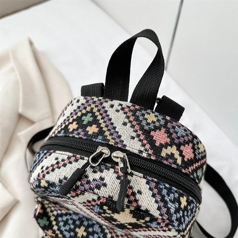 Mini Sac À Dos À Motif Géométrique Ethnique Tissu Jacquard Sac De Voyage Décontracté Style Rétro Bohème Pour Femmes