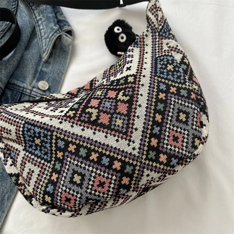 Böhmische Ethnische Gewebte Umhängetasche Damen Halbmond Hobo Umhängetasche Geometrisches Muster Retro Stil