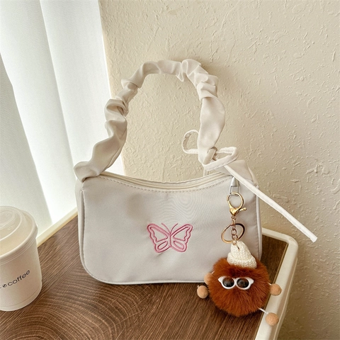 Ruched Strap Underarm Bag Nylon Butterfly Embroidery Hobo Shoulder Bag Casual Chic Fashion Accessory