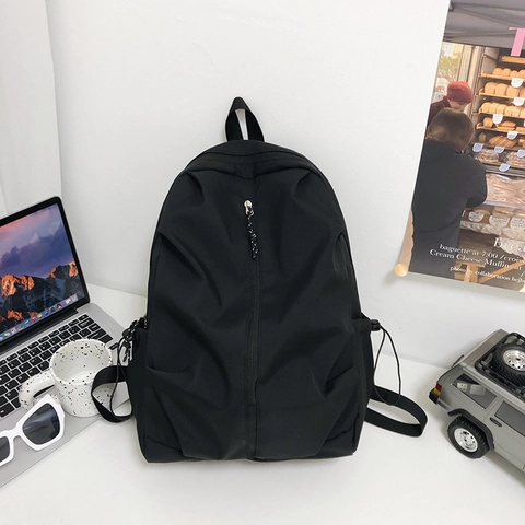 Casual Nylon Backpack Large Capacity Lightweight For Students Teens Simple Solid Color Travel Bag With Side Pockets